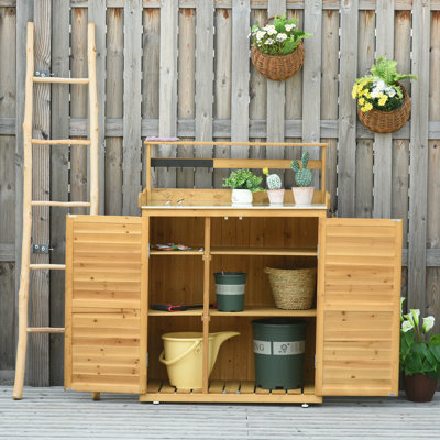 Abri de jardin en bois de sapin massif, 3 tablettes, 2 portes à fermeture magnétique, crochets, jaune, L 33,57 po x l 17,36 po H 48,26 po