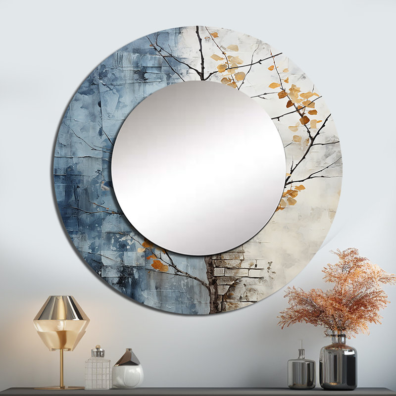 Minimaliste granit raisin feuilles I - feuilles unique miroir, grand miroir mural rond gris, impression d'art en métal