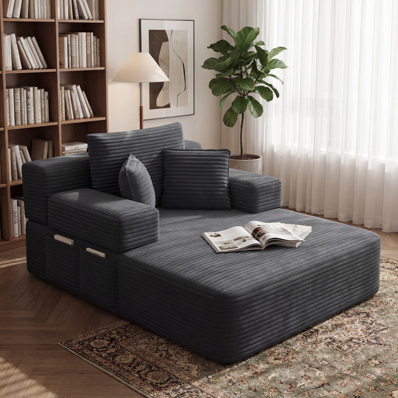 Chaise longue en velours côtelé 60 po avec 3 coussins, canapé-lit convertible avec poche de rangement, sans cadre, Brun