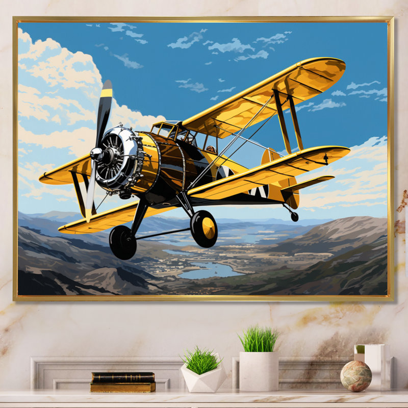«Yellow Airoplane Over The Lake», reproduction d'art sur toile encadrée, H 16 po x l 32 po x P 1 po, Cadre flottant doré