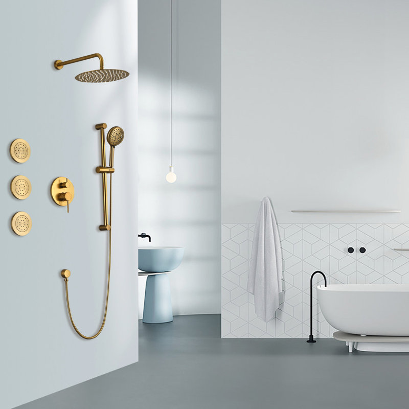 Compilation de douche dorée avec tête, douche à main, barre coulissante, jets pour le corps, laiton, système d'assemblage innovant dans une installation de teinte dorée sans tracas