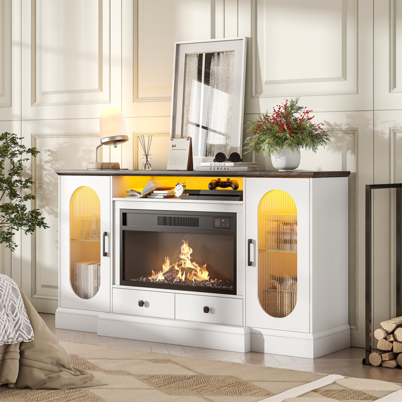 Meuble télé 66 po avec foyer, meuble télé pour foyer électrique avec lumière à DEL et tablettes réglables