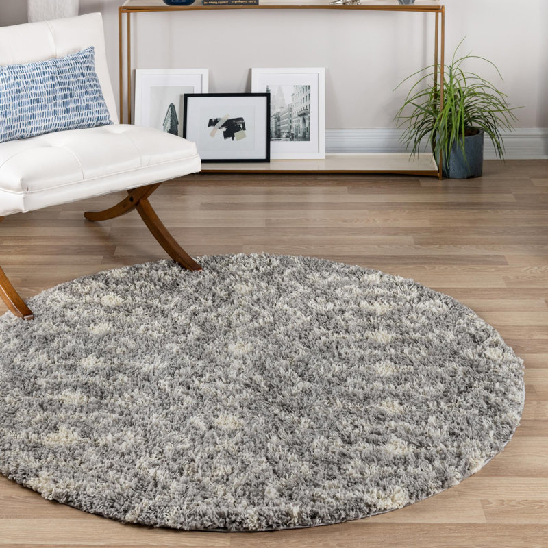 Tapis à poil long gris treillis Griego, Rond 7 pi 10 po