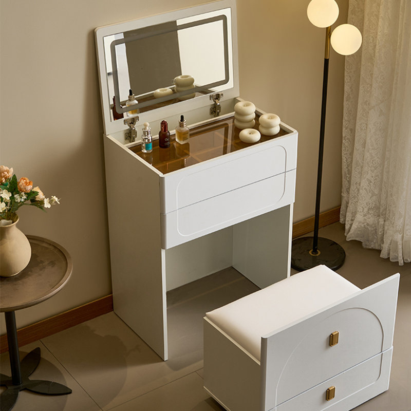 Ensemble de coiffeuse compacte avec miroir à DEL 3 couleurs et 3 tiroirs, table de maquillage multifonctionnelle blanche avec tabouret rembourré