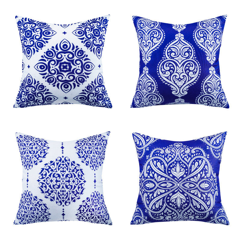 Indoor / Outdoor Waterproof Floral Print Blue Square Throw Pillow Cover