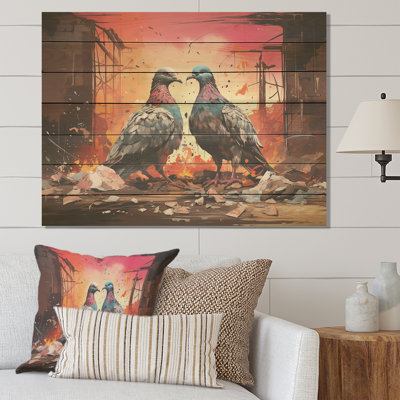 Grey And Pink Pigeons Serenade I - Pigeon Animal On Wood Print