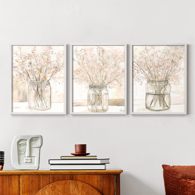 Étude florale CLxxviii - ensemble de 3 estampes giclées encadrées - prêt à être accroché, Blanc, H 10 po x l 24 po