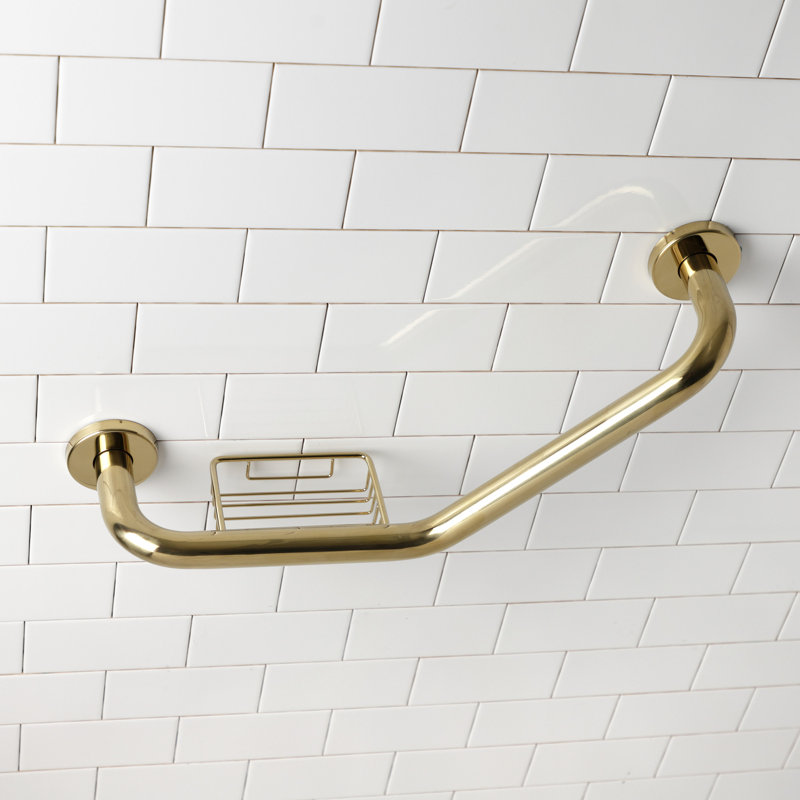 Kingston Brass Meridian 10-Inch x 12-Inch Angled Grab Bar with Soap Holder, Polished Brass