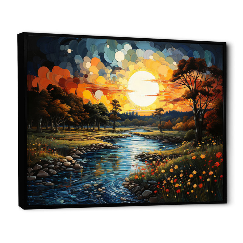 "Countryside River Bend Patchwork II", reproduction d'art sur toile, Cadre flottant noir, H 16 po x l 32 po x P 1 po