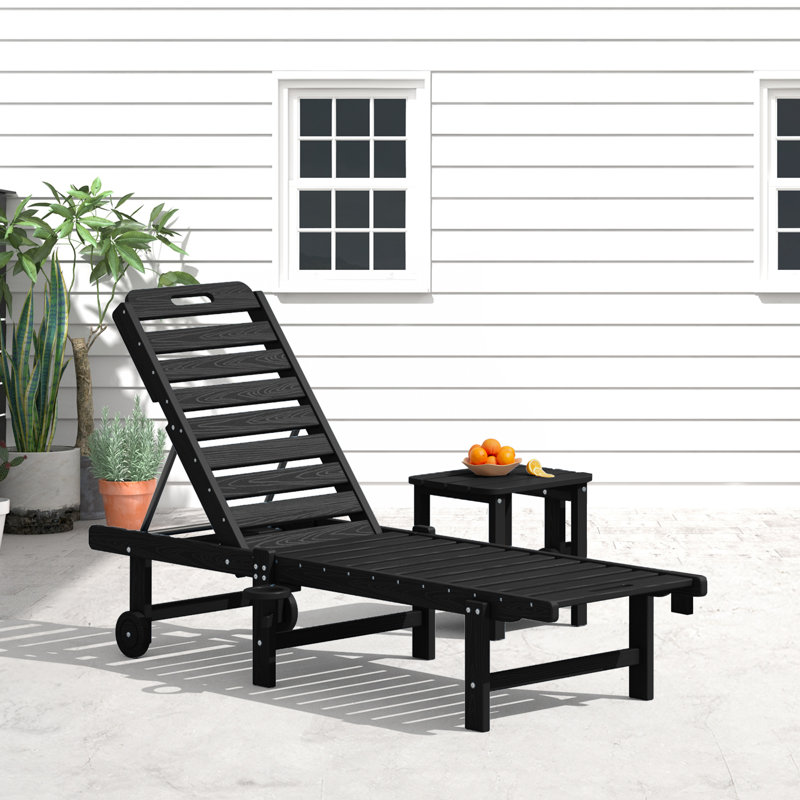 78" Long Outdoor Reclining Chaise Lounge With Cup Holder & Wheels, Black