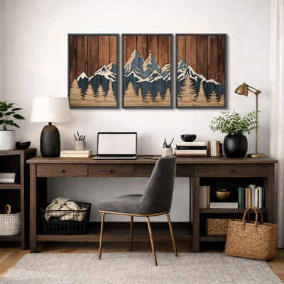 Western Wood Effect Landscape "Brown Abstract Mountain Forest Artwork, Rustic Farmhouse Cabin Wall Pictures, Large Framed Canvas Giclee Print 3 Pieces Wall Art Set"