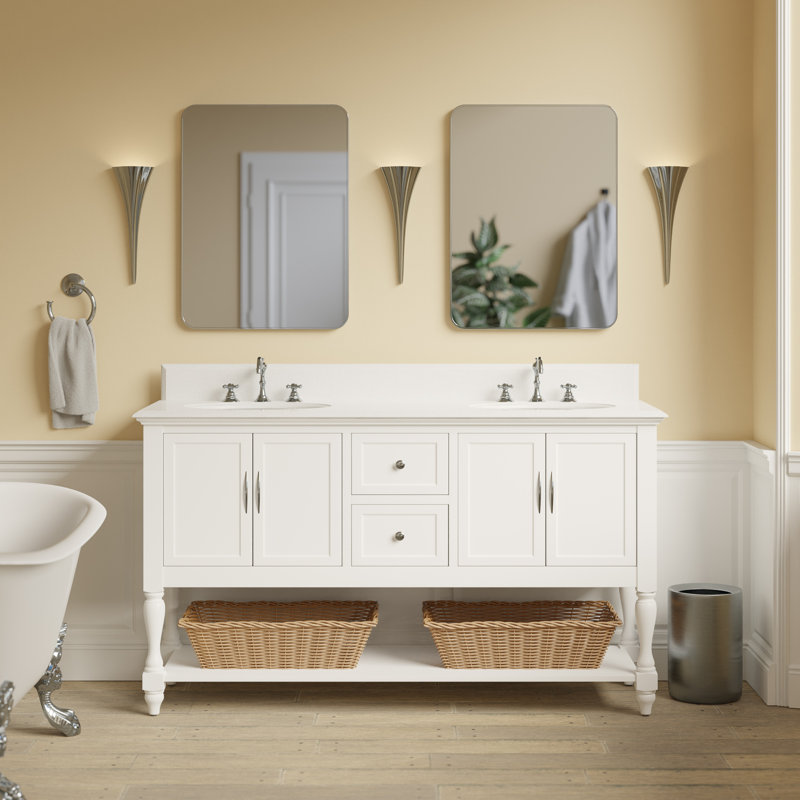 Hampton 60'' Double Bathroom Vanity with Top, White, Quartz