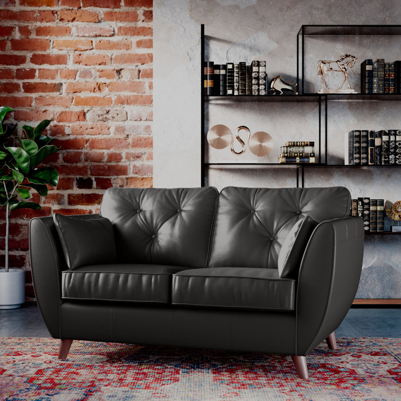 Marylin 2 Seater Leather Tufted Sofa, Raven, Dark Wood