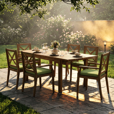Table de salle à manger en bois avec coussins, 6 chaises et 1 table en bois, pour l'extérieur, près de la piscine