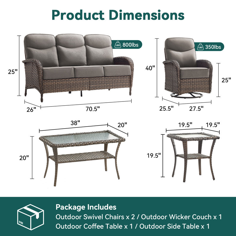 Ensemble de mobilier d'extérieur en osier toutes saisons 5 pièces Totnes avec canapé et fauteuils pivotants, Gris