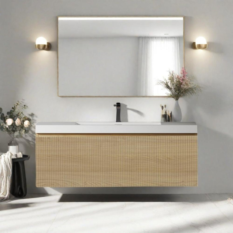Meuble-lavabo flottant 42 po avec meuble de rangement mural moderne et lavabo intégré, Chêne, Blanc
