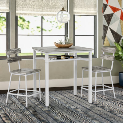 Ensemble de salle à manger 3 pièces de style moderne, ensemble de salle à manger peu encombrant pour la cuisine, la salle à manger, le petit espace, un petit ensemble de 3 tables de bar avec plateau en particules, structure en métal et support de rangement intégré