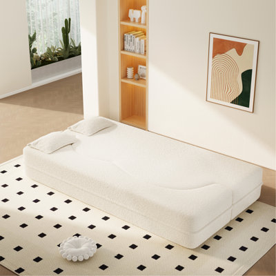 Modern Floor Sofa With 2 Pillows,Convertible Teddy Fabric Foam-Filled Sleeper Sofa Bed,15" Twin Size Folding Mattress For Living Room,Guest Bed,Playroom,No Assembly Required,Beige/White