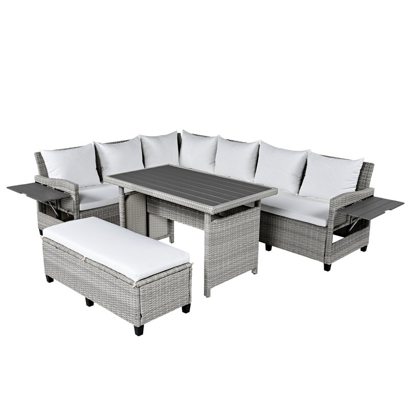  5-Piece Outdoor PE Wicker Patio Sofa Set with 2 Extendable Side Tables, Dining Table, White, Grey