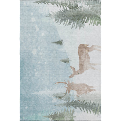 Premium Machine Washable Dockside AMF1821 Stag and Doe Christmas Rug