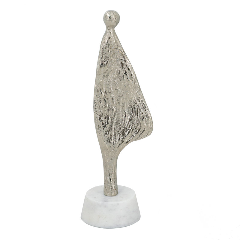 Figurine humaine abstraite en aluminium sur support en marbre 3 po x 2,5 po x 11 po argent / blanc