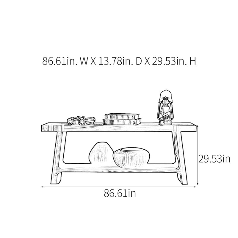 Console rétro en bois massif multifonctionnel, 29,53 po H x 86,61 po L x 13,78 po P, Bois naturel