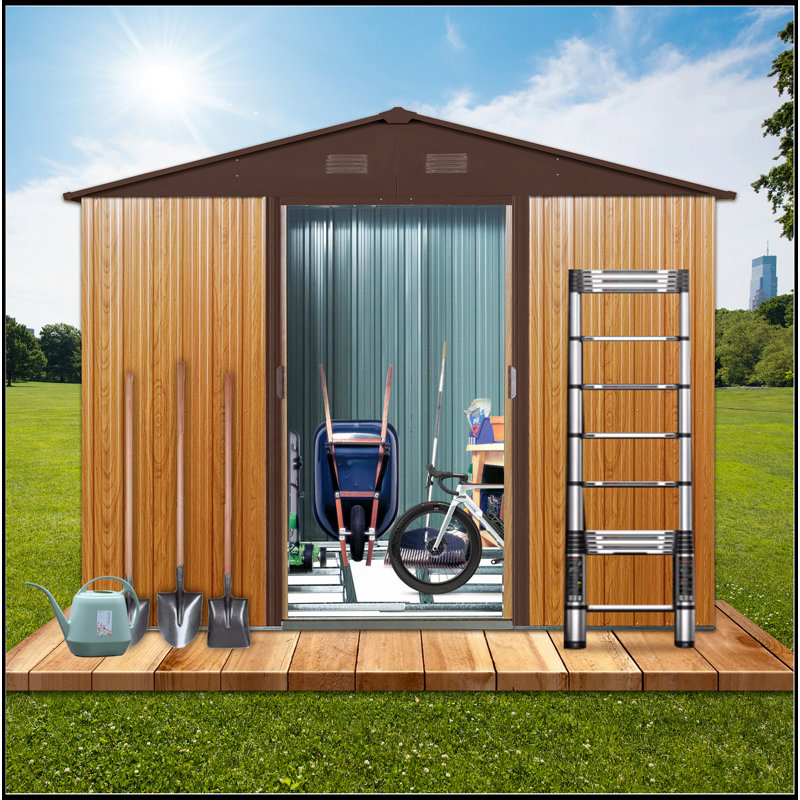 Remise de rangement extérieure en métal 8 pi x 6 pi avec base en métal, café, H 74,8 po x l 88,98 po x P 63,78 po, Café