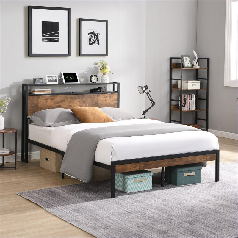 Queen Size Classic Black Metal Platform Bed, Modern Style for Bedroom Use, With Under-Bed Storage, No Box Spring Needed