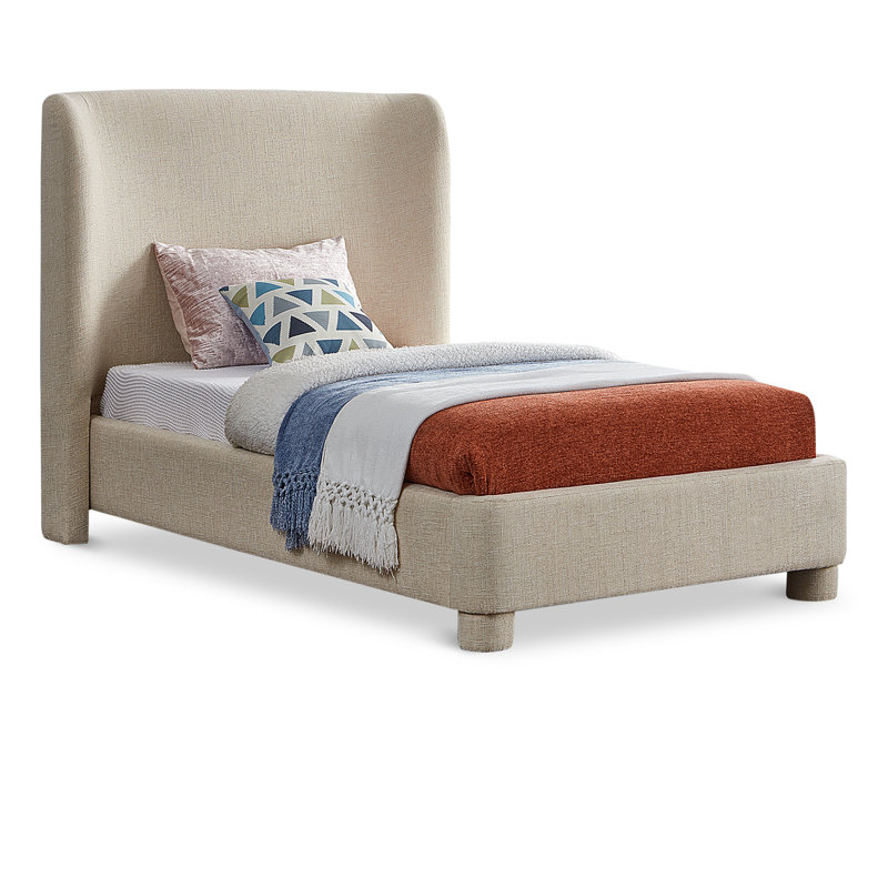 Kiria Upholstered Wingback Bed, Twin, Beige Linen Textured Fabric