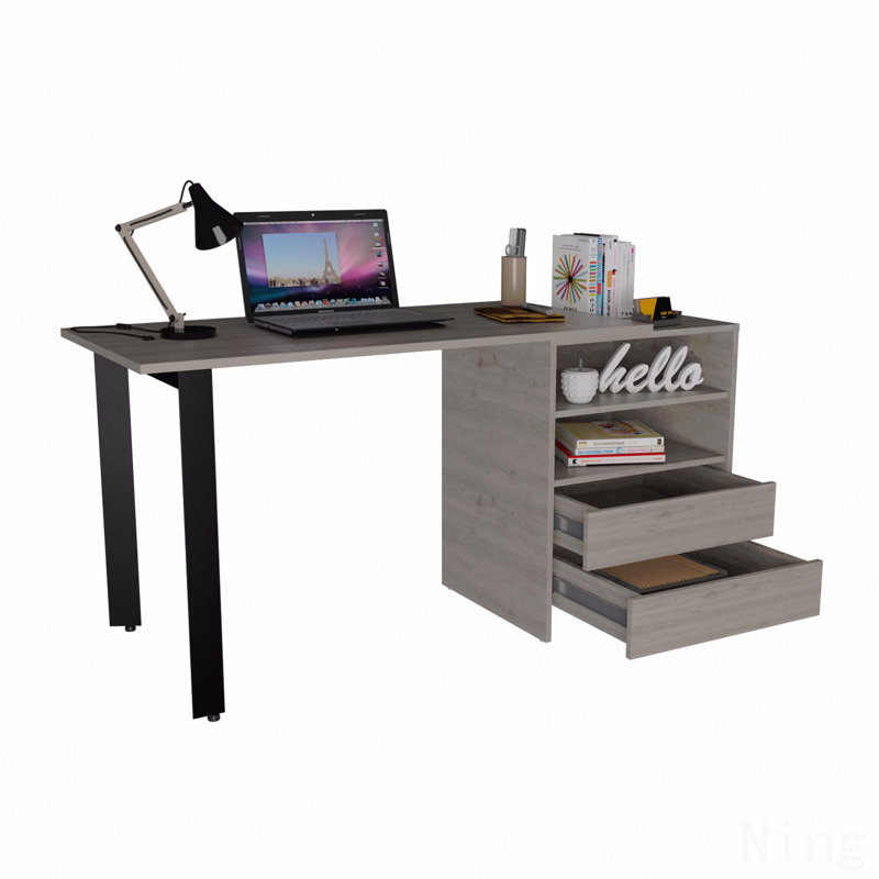 Bureau Malaui 120 gris clair avec deux pieds, deux tiroirs et deux tablettes