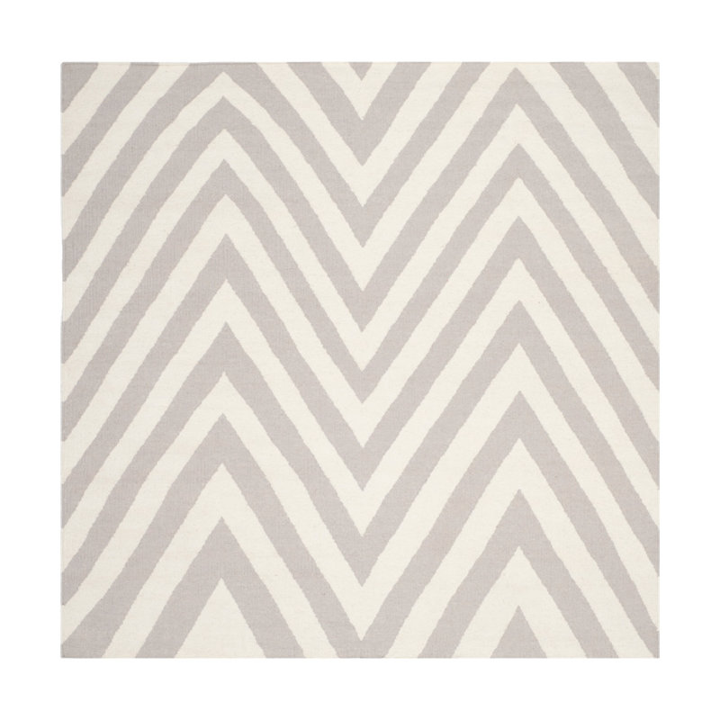 Rodgers Hand Woven Flat Weave Wool/Cotton Chevron Rug in Gray/Ivory, Square 8'