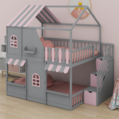 Lit superposé Playhouse avec toit, porte, escalier de rangement et tablettes
