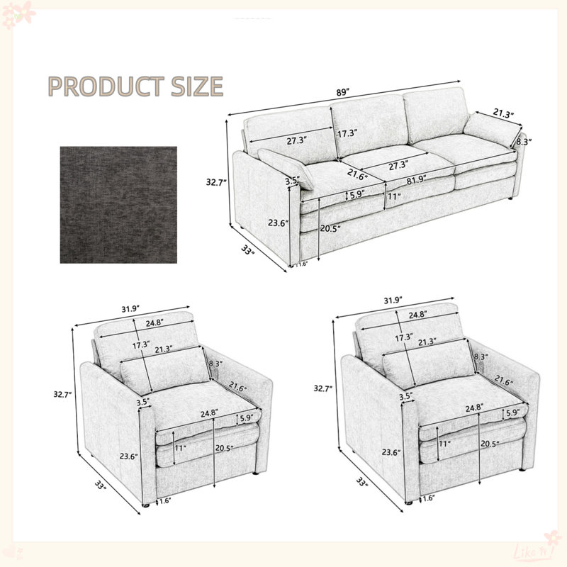 Extra-large Double-cushion Sofa Set, Black