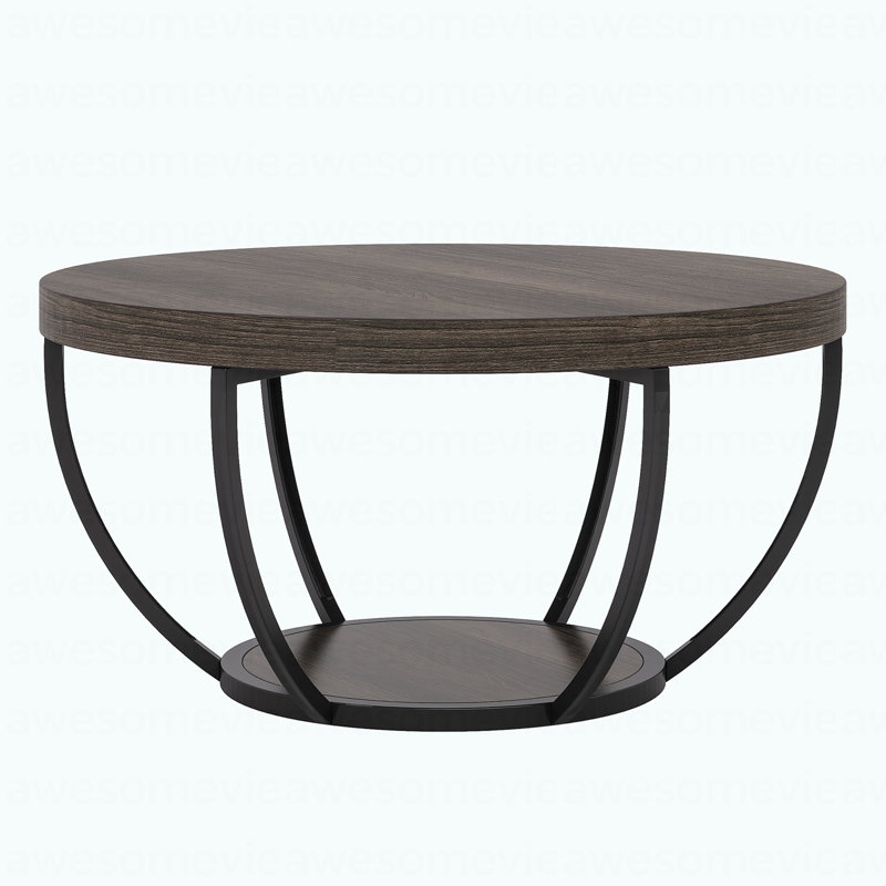Table basse en bois, table basse ronde à 2 niveaux avec tablettes, Gris