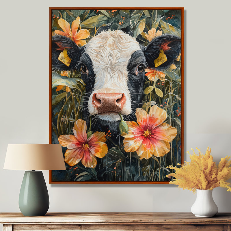 Peinture sur toile de vache Kenniya - Hibiscus, H 20 po x l 12 po, Impression encadrée flottante, Brun
