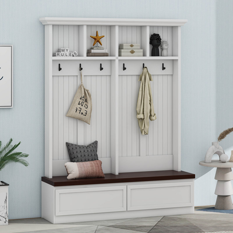Arbre d'entrée 4 en 1 avec banc à grain de bois Farmhouse, portemanteau polyvalent avec 2 grands tiroirs Mudroom, Blanc