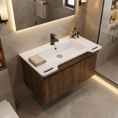 32" Resin Sink Floating Bathroom Vanity with Recessed Cabinet Design, Side Grips & Soft-Close Doors, ADA-Friendly