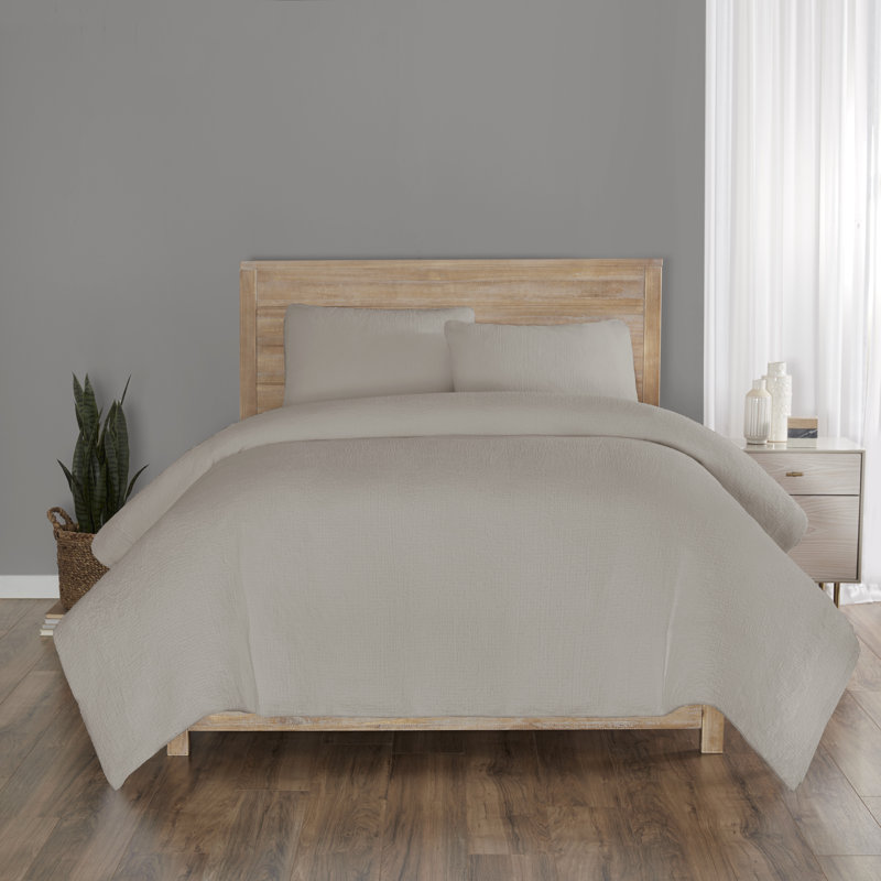Vue Elements Larking Solid Seersucker 3 Piece 100% Cotton Duvet Set , King 1 Duvet cover + 2 pillow shams, Quiet Gray