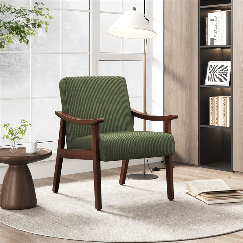 Chaise d'appoint rembourrée avec pieds en bois massif Modern, Polyester vert foncé