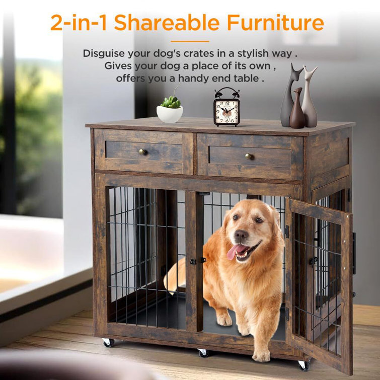 Wooden Dog Crate Furniture 39.4 Heavy Duty Dog Kennel with 2 Drawers End  Table