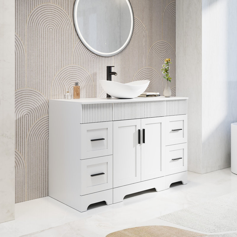 Meuble-lavabo simple 48 po avec lavabo vasque, plateau en bois manufacturé, peinture résistante à l'eau, Blanc, Blanc