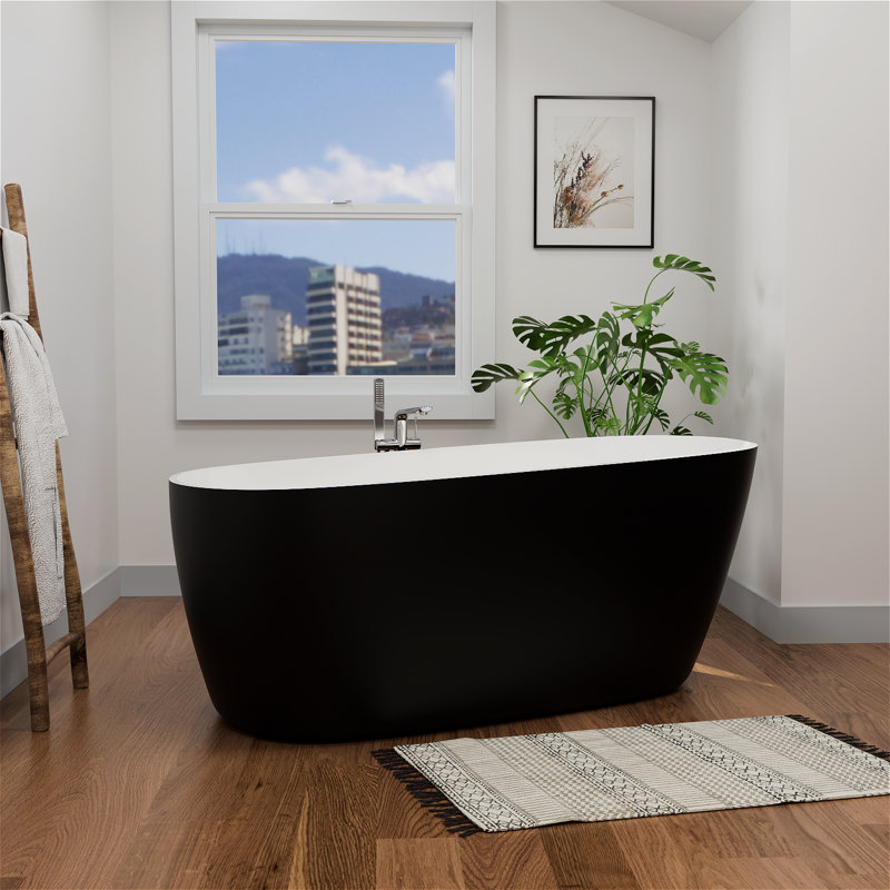 Baignoire de trempage autoportante en acrylique L 59 po x l 28 po, drain et trop-plein chromés, conception moderne pour salles de bain luxueuses