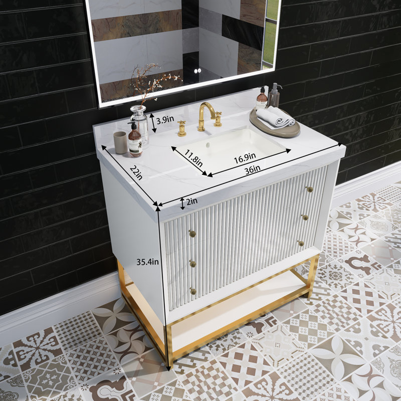 Meuble-lavabo autoportant moderne en bois massif 36 po avec plateau en marbre, Blanc