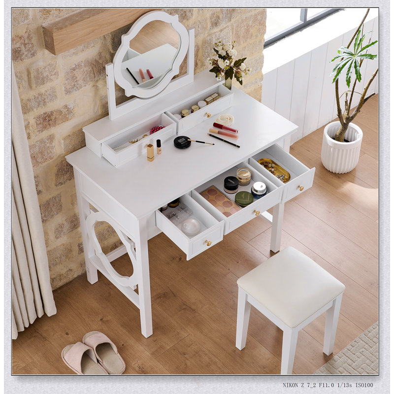 Compact Makeup Vanity Table With Reversible Mirror, Dressing Table Set With Stool, Space-Saving Beauty Station For Small Places
