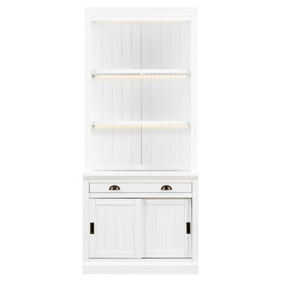 83.4" Tall White Bookcase With Modern Design, 3 - Layer Led Lightings, Sliding Doors, Open Shelves And A Drawer, Perfect For Living Room Home Office, Solid Wood Frame Board Lights, Style Bedroom