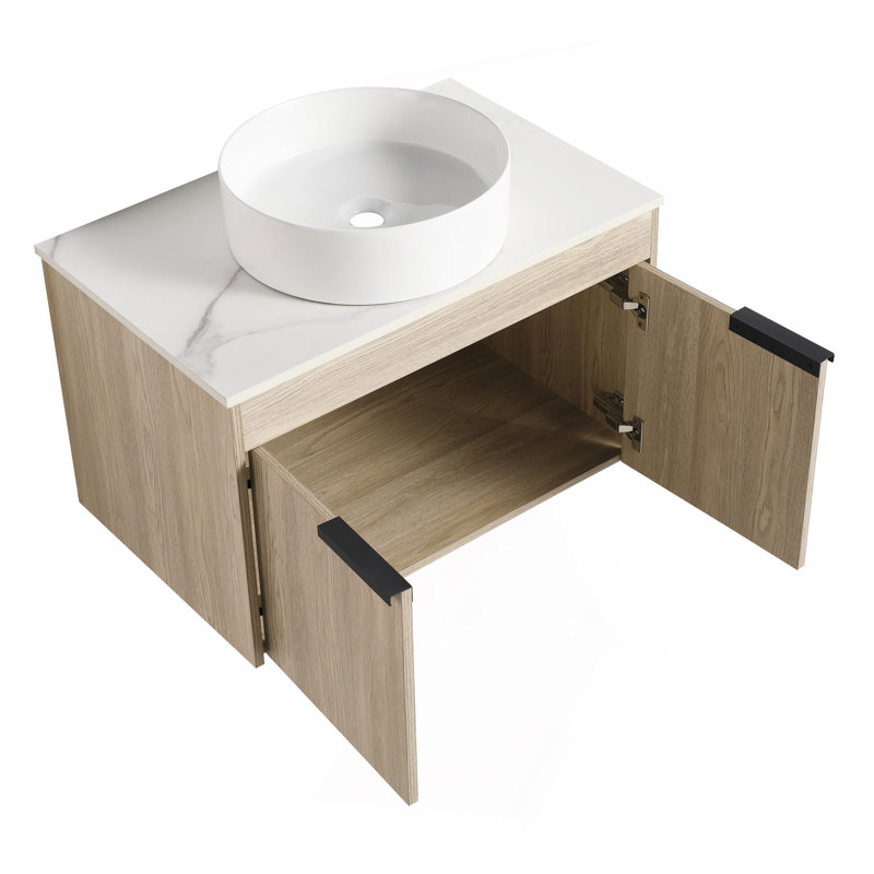 Ensemble de meuble-lavabo moderne 30 po avec lavabo en céramique, meuble-lavabo mural en chêne blanc avec porte à fermeture en douceur