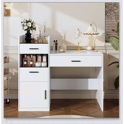3-in-1 Vanity Desk with Flip Top Mirror, Glass Top Compact Makeup Vanity & Hidden Storage, Space-Saving Dressing Table for Bedroom