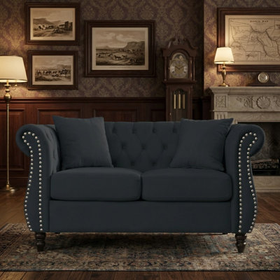 Upholstered Velvet Chesterfield sofa with Rolled Arms, Nailhead Trim, and 2 Toss Pillows