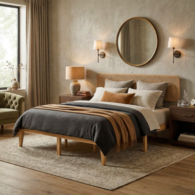 Low Profile Platform Bed with Rattan Headboard, Rustic Wood Frame, No Box Spring Required, Modern Bedroom Bed Frame