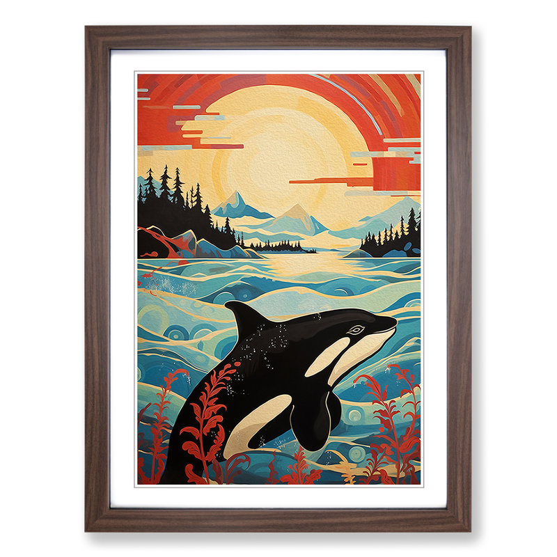 Orca Whale Modern - Single Picture Frame Print on Wood, 34cm H x 25cm W x 2cm D, Walnut